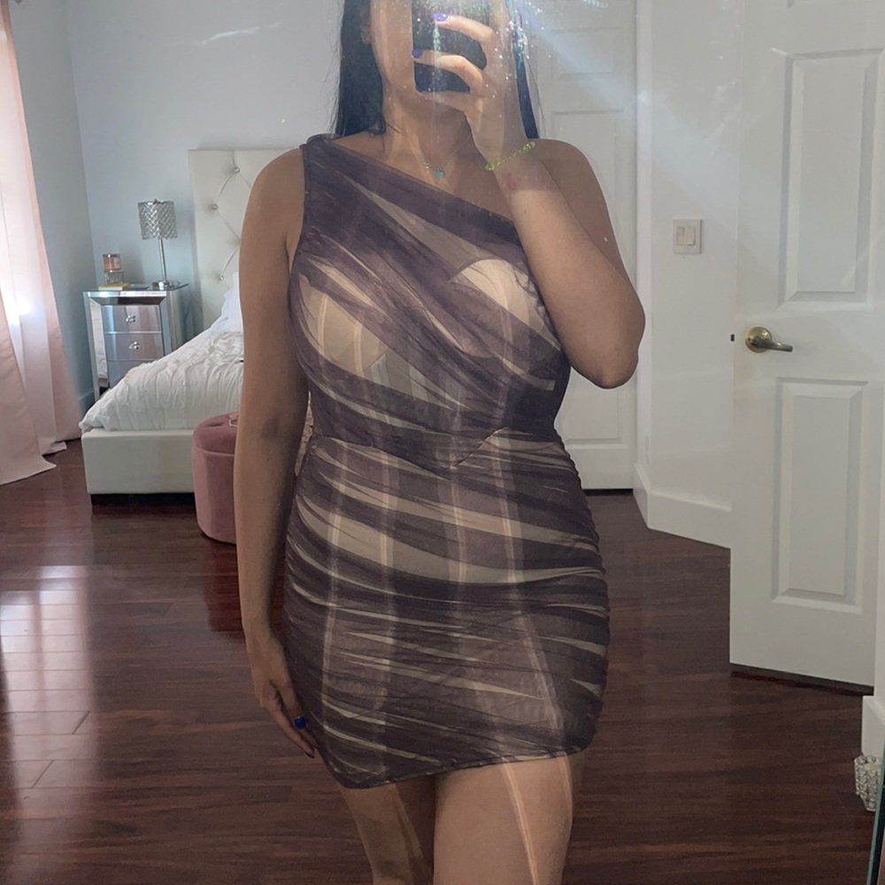 one shoulder brown mesh dress